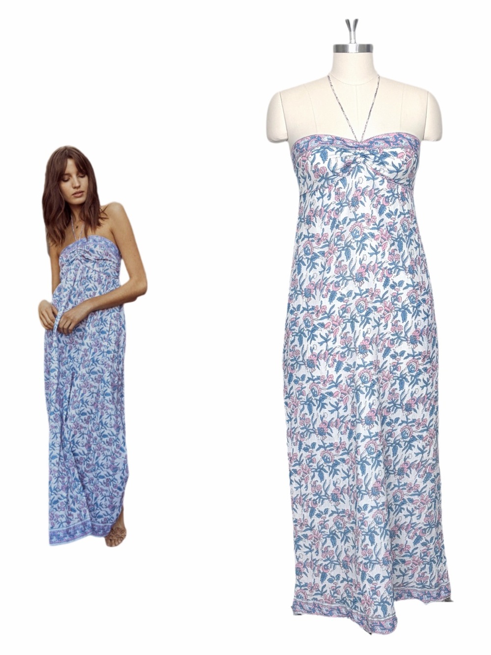 SAYLOR Blue and Pink Lotus Floral Topanga Tie Neck Maxi Dress XS Smocked Back